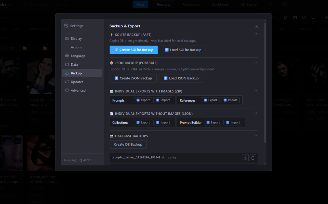 Prompto[HUB] backup and export - back up your entire AI prompt archive as ZIP or JSON
