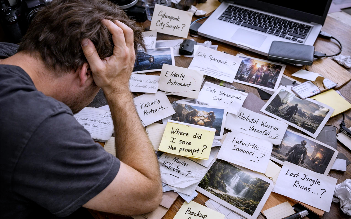 AI prompts scattered across text files, chats and sticky notes - the problem Prompto[HUB] solves